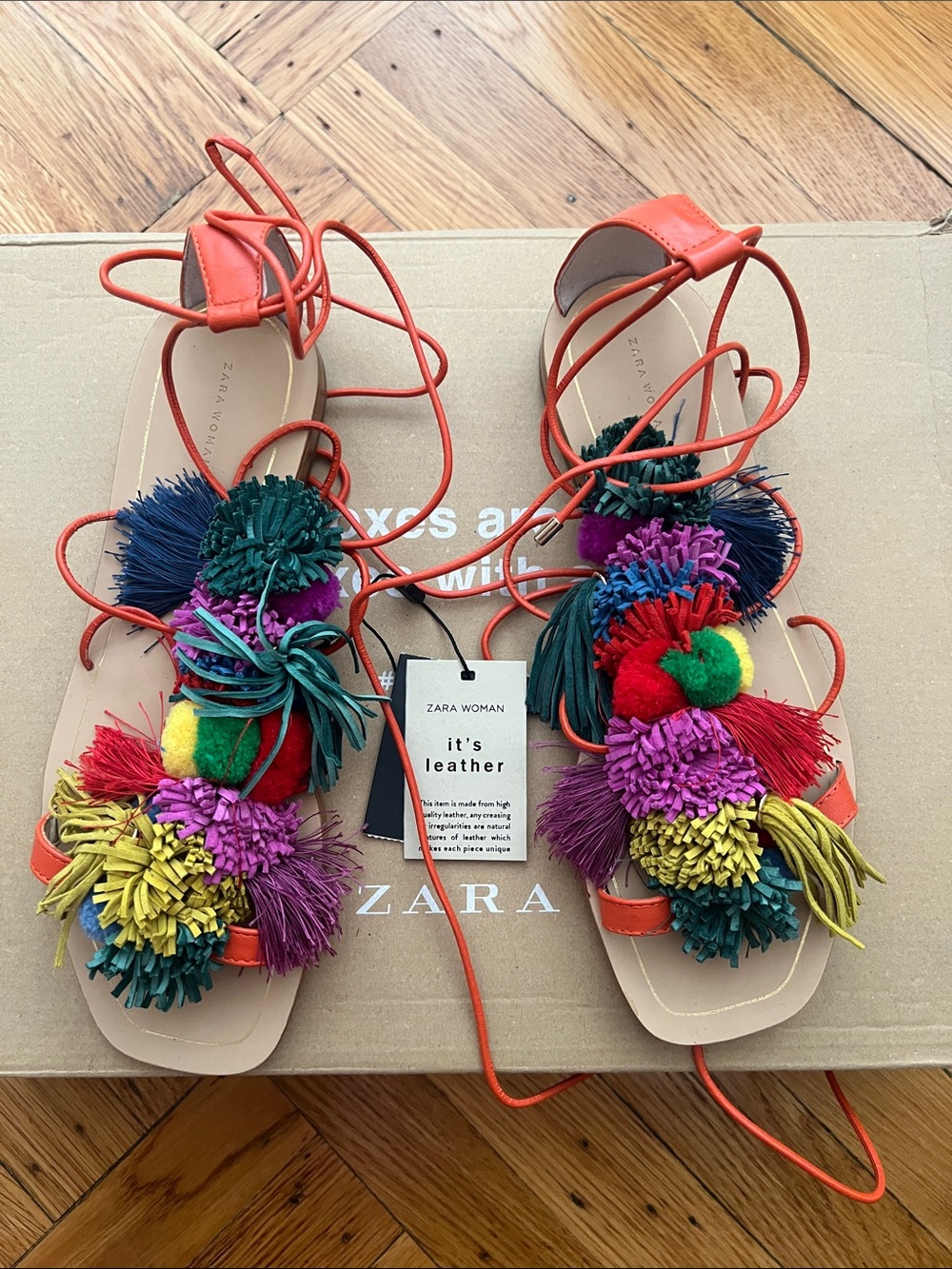 Zara Woman Colorful Pom Pom Leather Lace-Up Sandals, Size 7.5/ 38